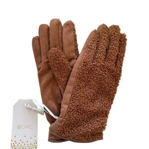 Chic 2CHIC Teddy Bouclé Faux Suede Gloves Brown NWT